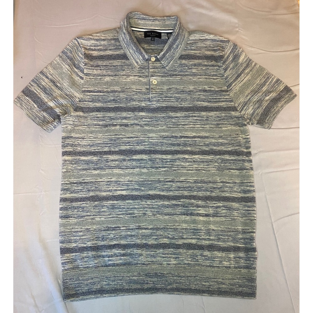 Ted Baker Polo Shirt Mens Size 2/Small Blue Grey‎ Space Dye Stripe Knit Top Prep